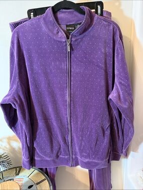 Vintage Erika Lavender Velour Zip-Front Jacket with Rhinestone Accents and pants